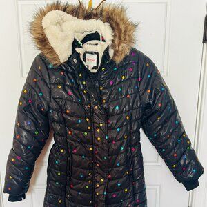 Girls Winter Puffer Jacket/Coat, Faux Fur Hood, Black - Size 7/8